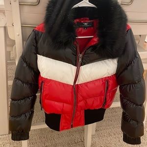 BLK/RED/WHT bomber jacket with fur hood